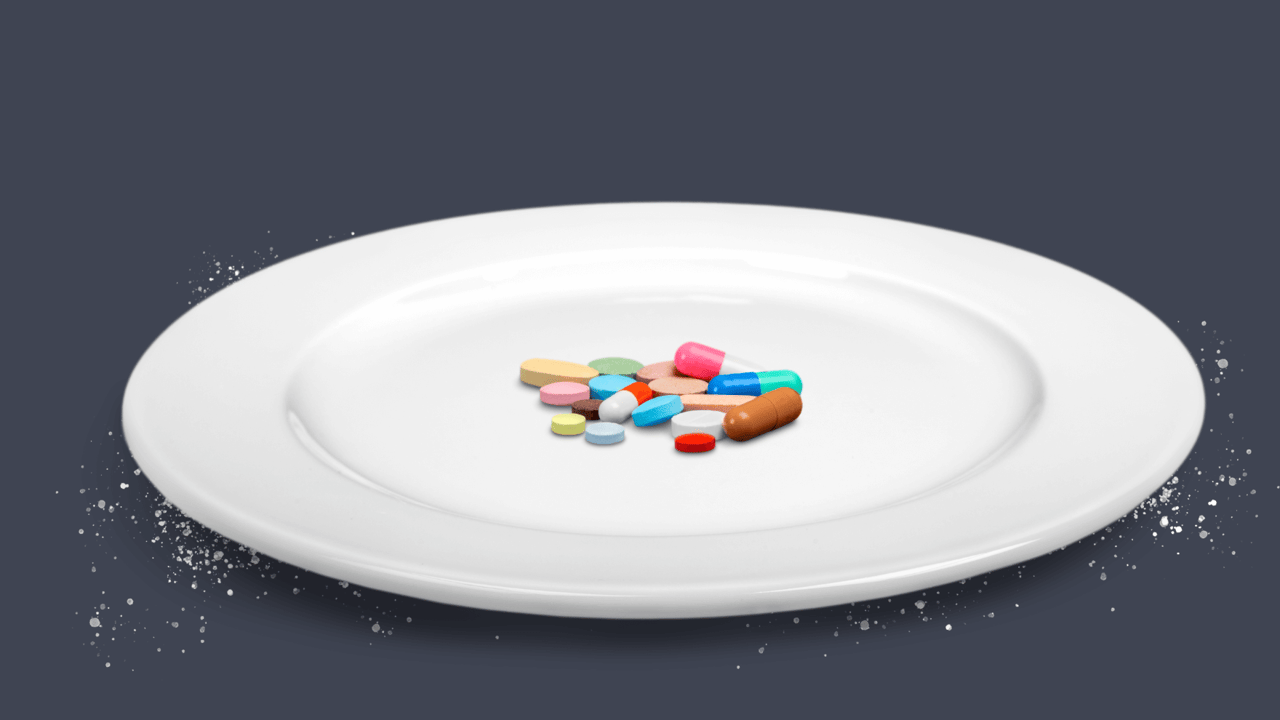 A white plate that contains nothing except for different types of ADHD pills and medication due to the stimulant effect of appetite suppression.