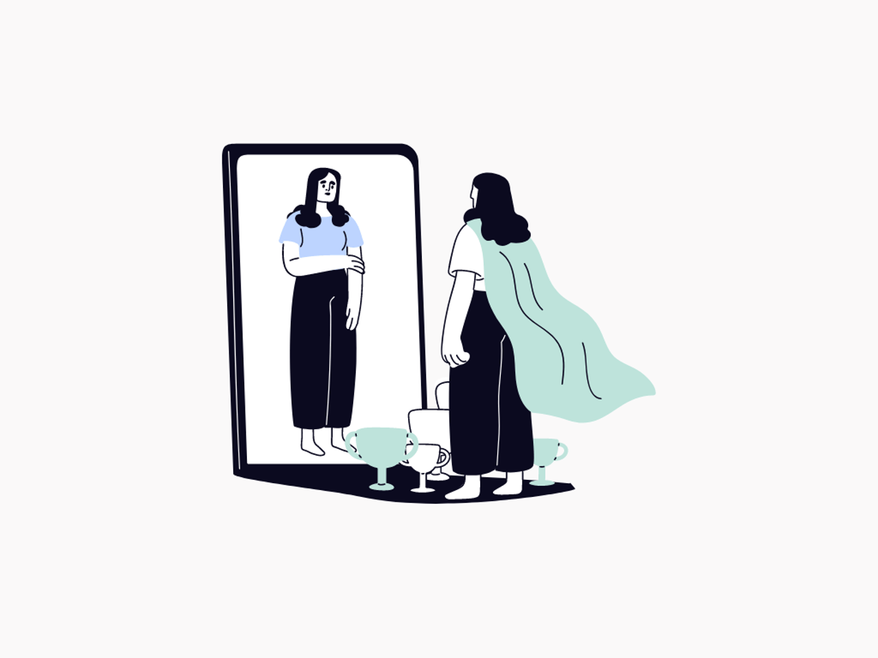 An illustration in black, grey and light blue. A person with long dark hair wearing a blue cape and surrounded by trophies is looking into a full-length mirror. The mirror image shows the person without the cape and the trophies, looking sad.