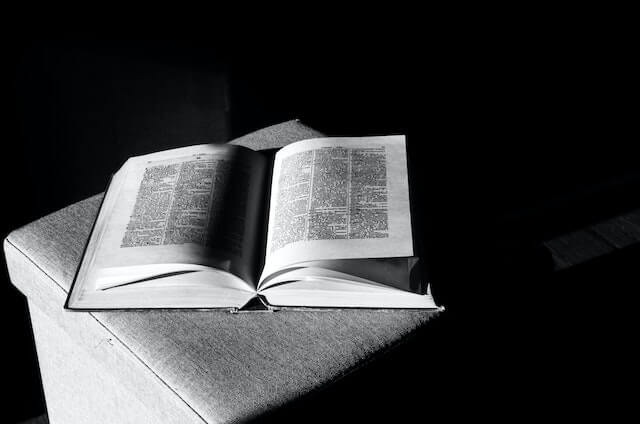 Black and white photo of an open book