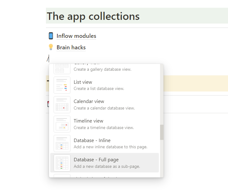 Screenshot of Notion page using the forward slash command.