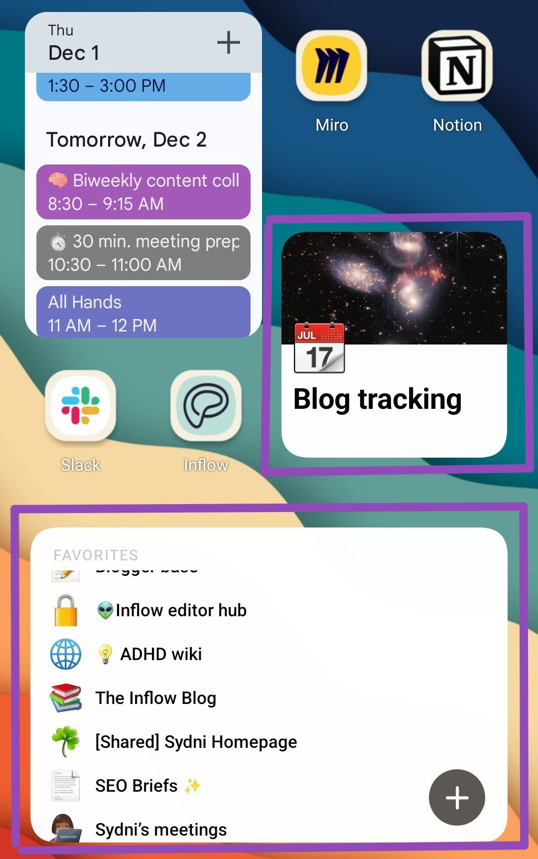Notion widgets displayed on an android phone next to a calendar widget, the inflow adhd app, and miro