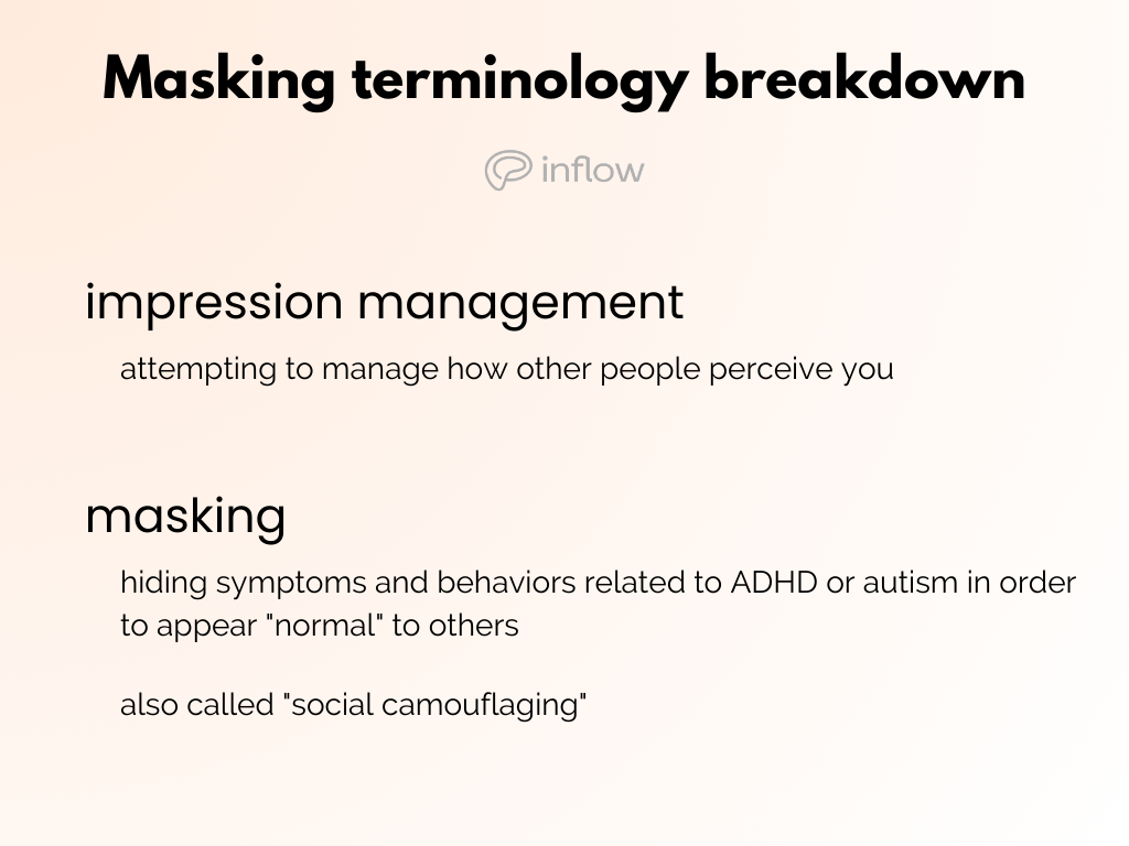 Masking terminology breakdown. Impression management: attempting to manage how other people perceive you. Masking: hiding symptoms and behaviors related to ADHD or autism in order to appear "normal" to others; also called social camouflaging.